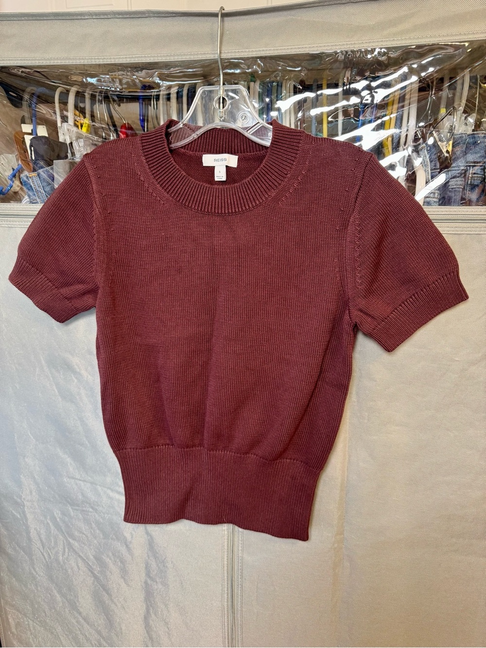 NWOT Reiss Short-Sleeve Crew Neck Knit Sweater in Burgundy- Cotton & Wool Blend